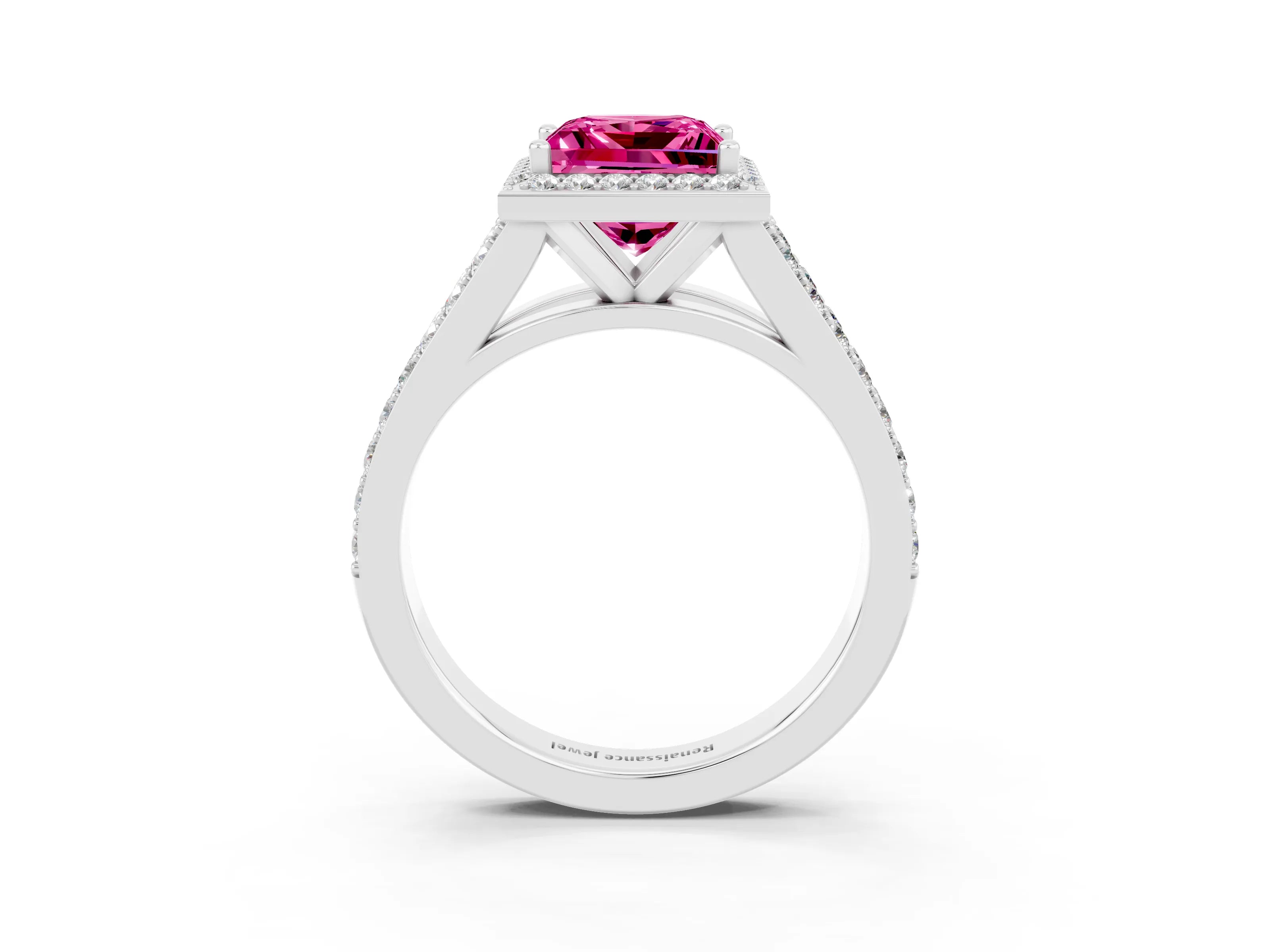 White gold Princess Cut Pink Sapphire Split Shank Halo Ring with Four-Prong Setting_60