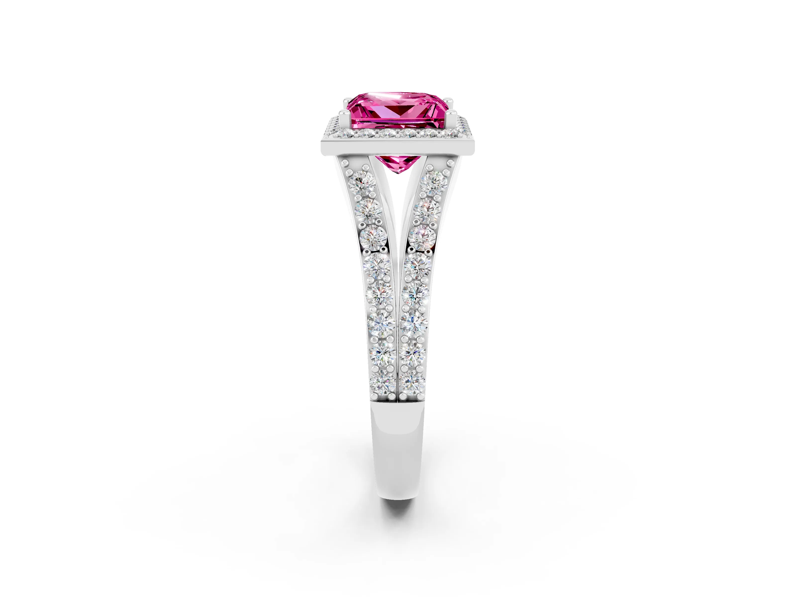 White gold Princess Cut Pink Sapphire Split Shank Halo Ring with Four-Prong Setting_62