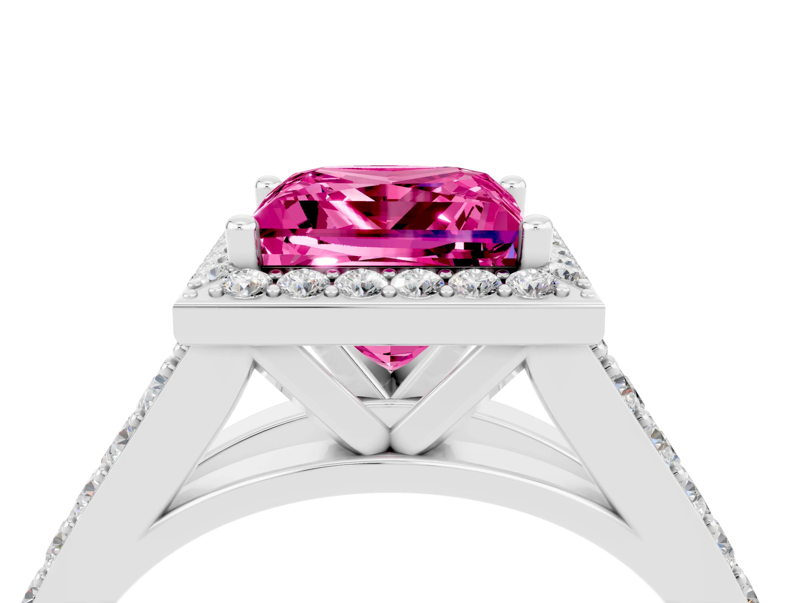 White gold Princess Cut Pink Sapphire Split Shank Halo Ring with Four-Prong Setting_64