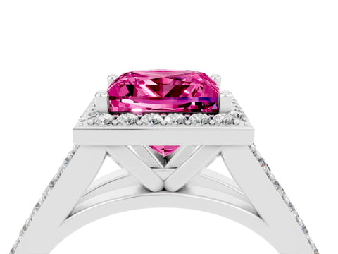 White gold Princess Cut Pink Sapphire Split Shank Halo Ring with Four-Prong Setting_64