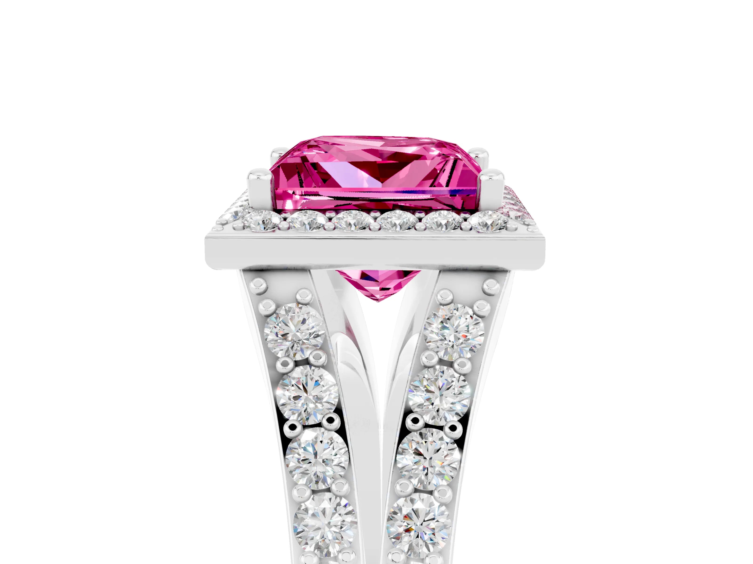 White gold Princess Cut Pink Sapphire Split Shank Halo Ring with Four-Prong Setting_65