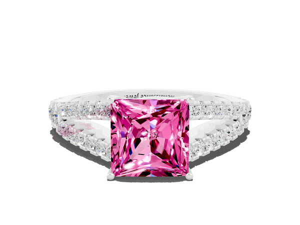 Platinum Princess Cut Pink Sapphire Split Shank Pavé Engagement Ring with Four-Prong Setting