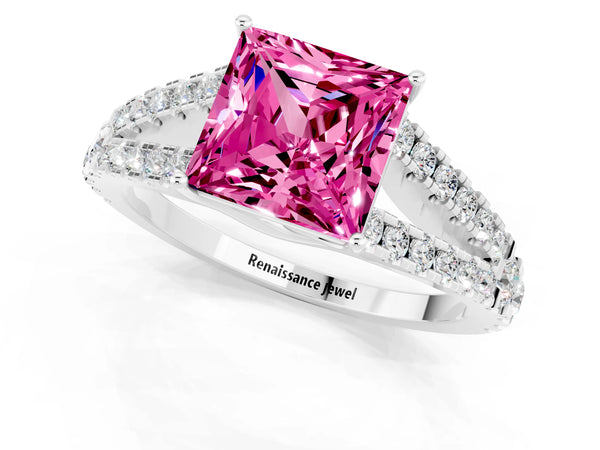White gold Princess Cut Pink Sapphire Split Shank Pavé Engagement Ring with Four-Prong Setting