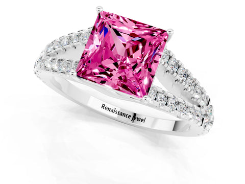 White gold Princess Cut Pink Sapphire Split Shank Pavé Engagement Ring with Four-Prong Setting_13