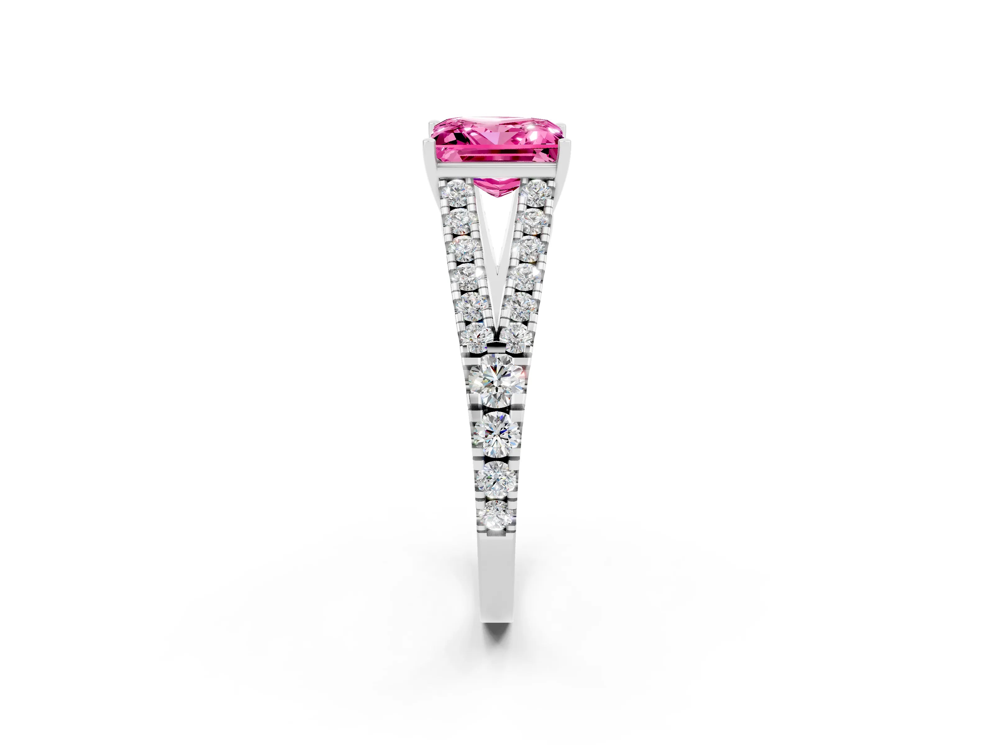 White gold Princess Cut Pink Sapphire Split Shank Pavé Engagement Ring with Four-Prong Setting_14