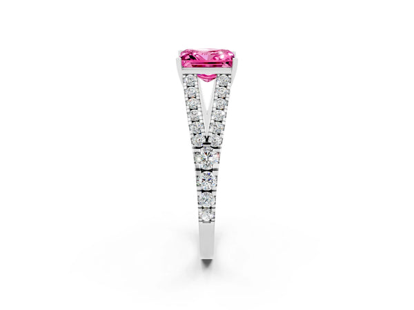 White gold Princess Cut Pink Sapphire Split Shank Pavé Engagement Ring with Four-Prong Setting