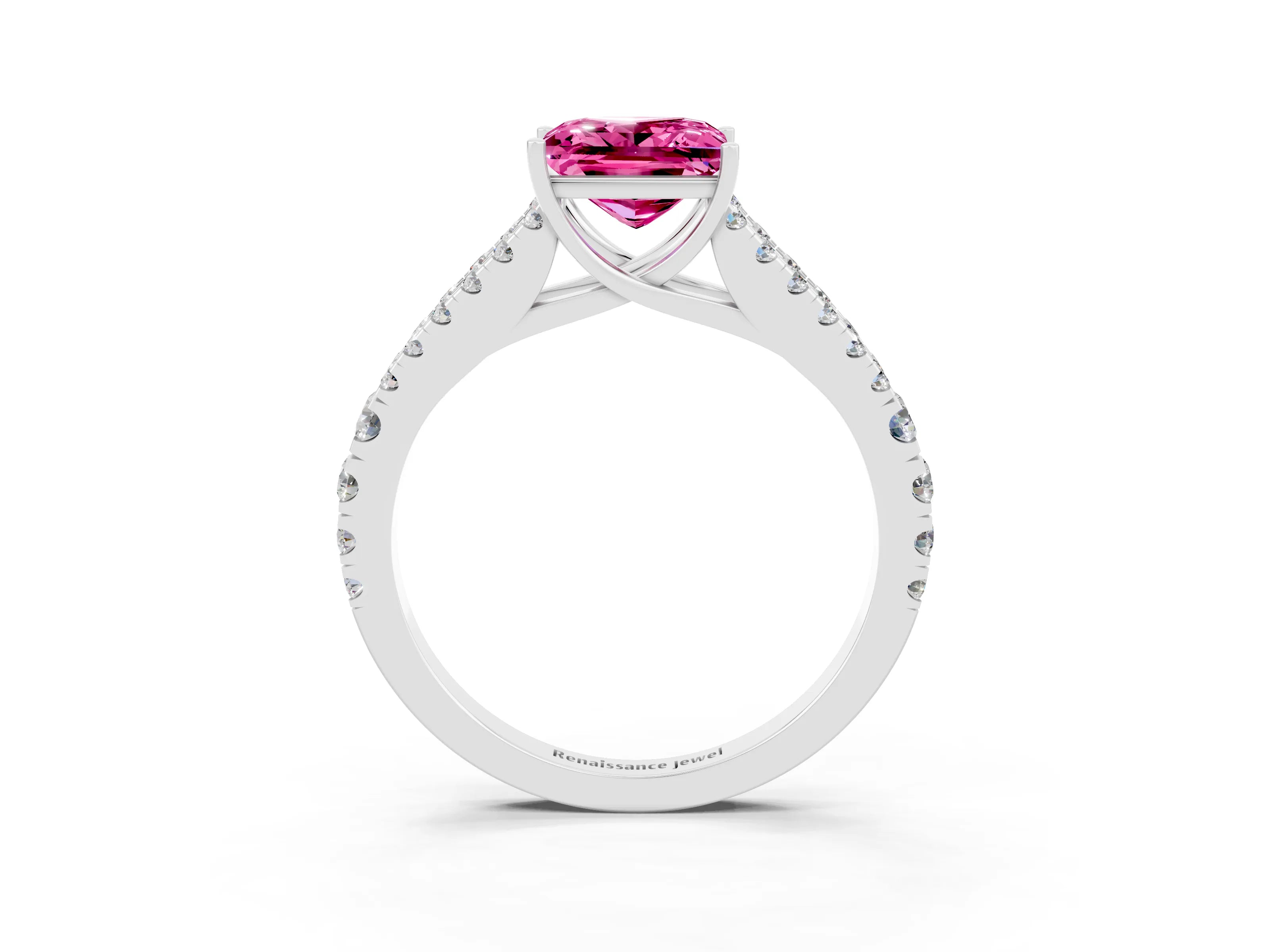 White gold Princess Cut Pink Sapphire Split Shank Pavé Engagement Ring with Four-Prong Setting_15
