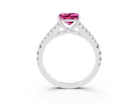 White gold Princess Cut Pink Sapphire Split Shank Pavé Engagement Ring with Four-Prong Setting_15