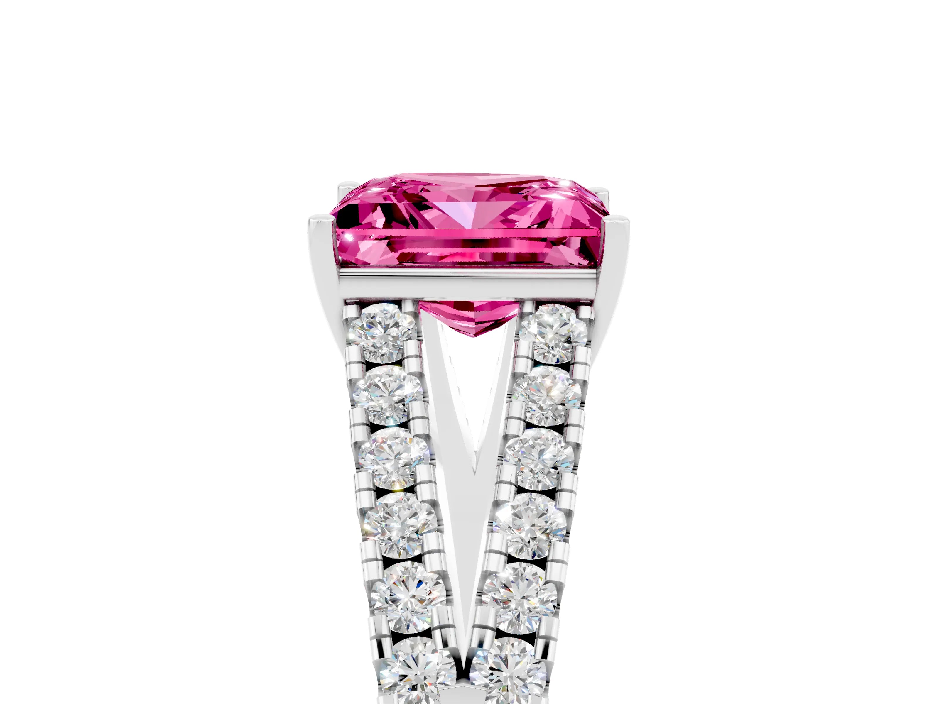 White gold Princess Cut Pink Sapphire Split Shank Pavé Engagement Ring with Four-Prong Setting_17