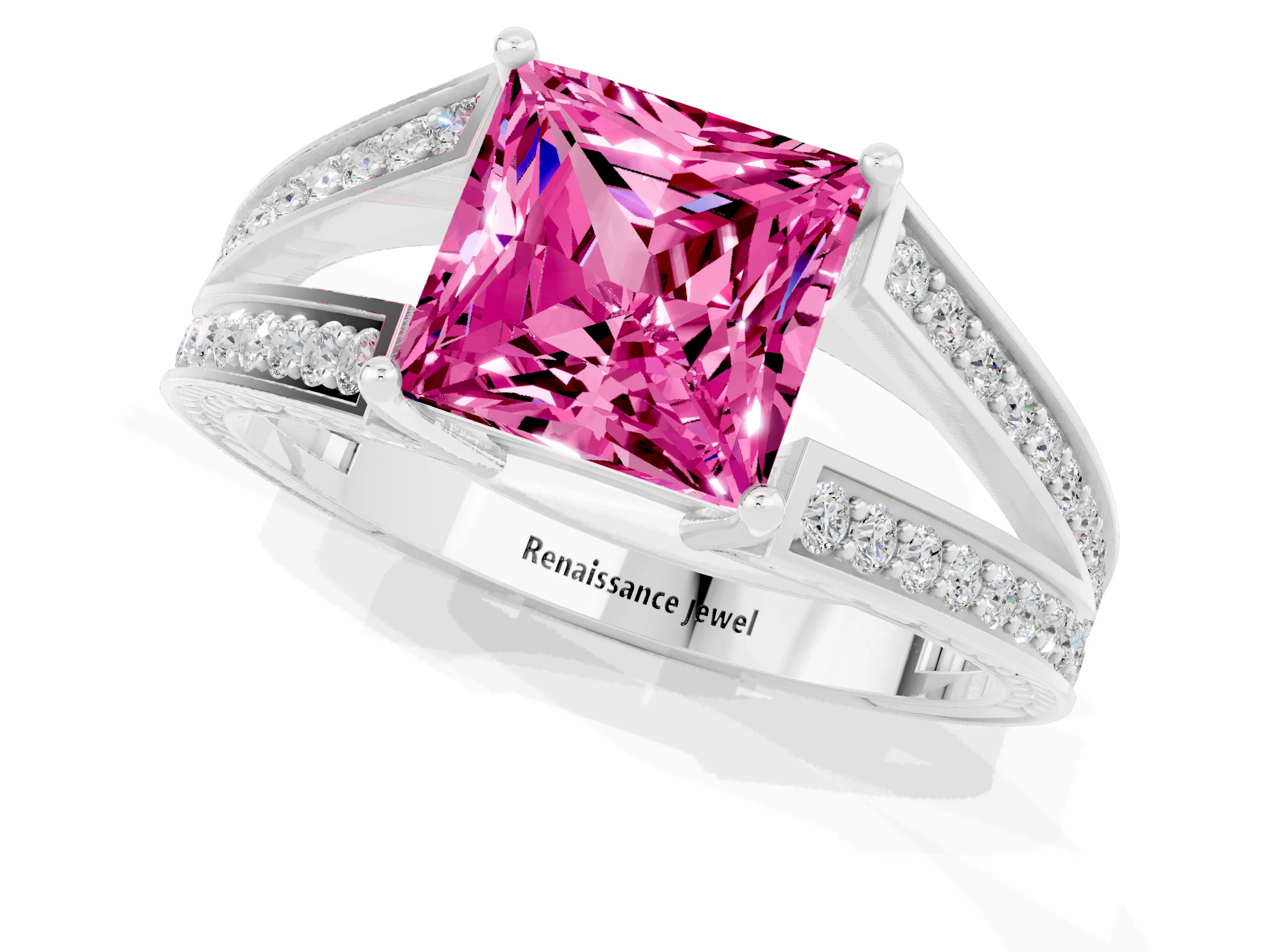 White gold Princess Cut Pink Sapphire Split Shank Ring with Pavé Band and Four-Prong Setting_1