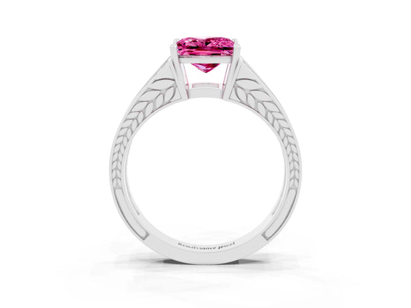 Platinum Princess Cut Pink Sapphire Split Shank Ring with Pavé Band and Four-Prong Setting