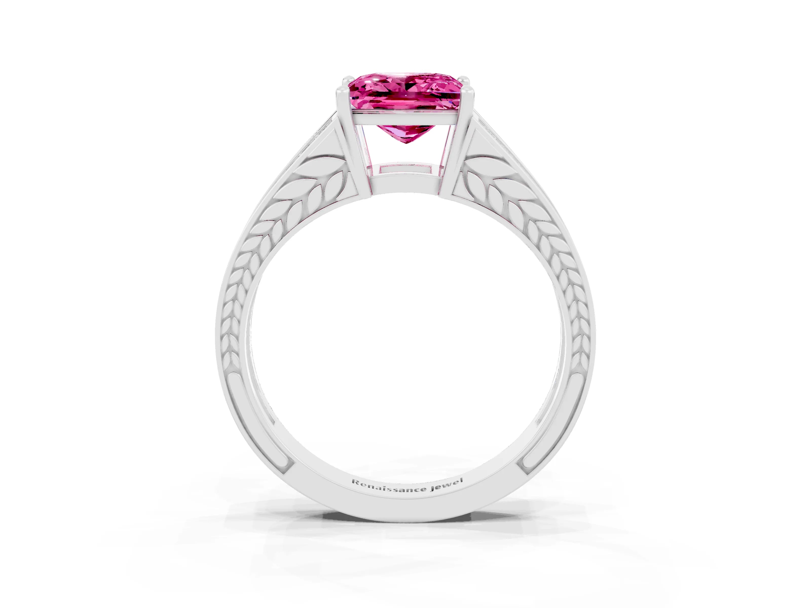 White gold Princess Cut Pink Sapphire Split Shank Ring with Pavé Band and Four-Prong Setting_3