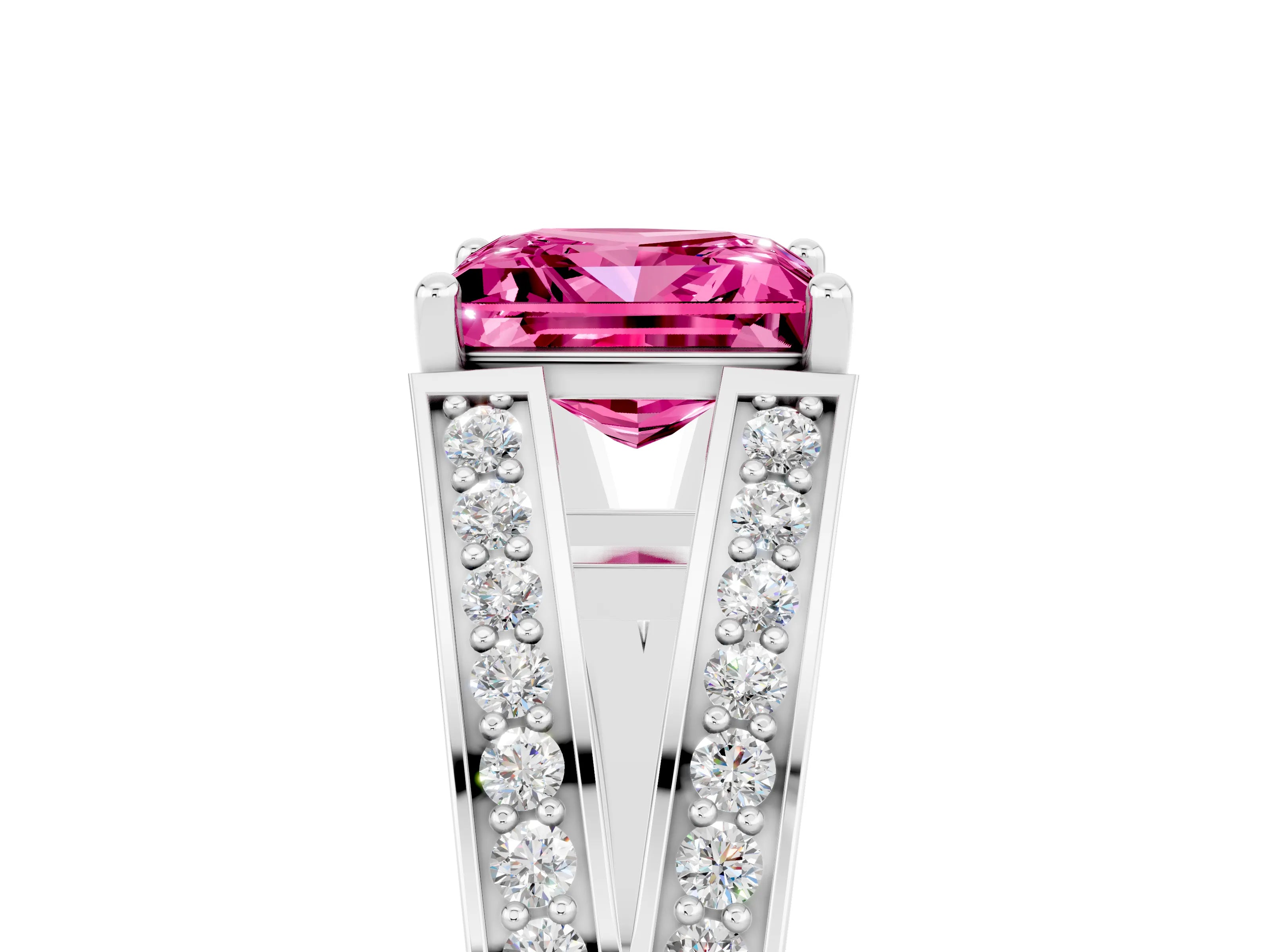 White gold Princess Cut Pink Sapphire Split Shank Ring with Pavé Band and Four-Prong Setting_5