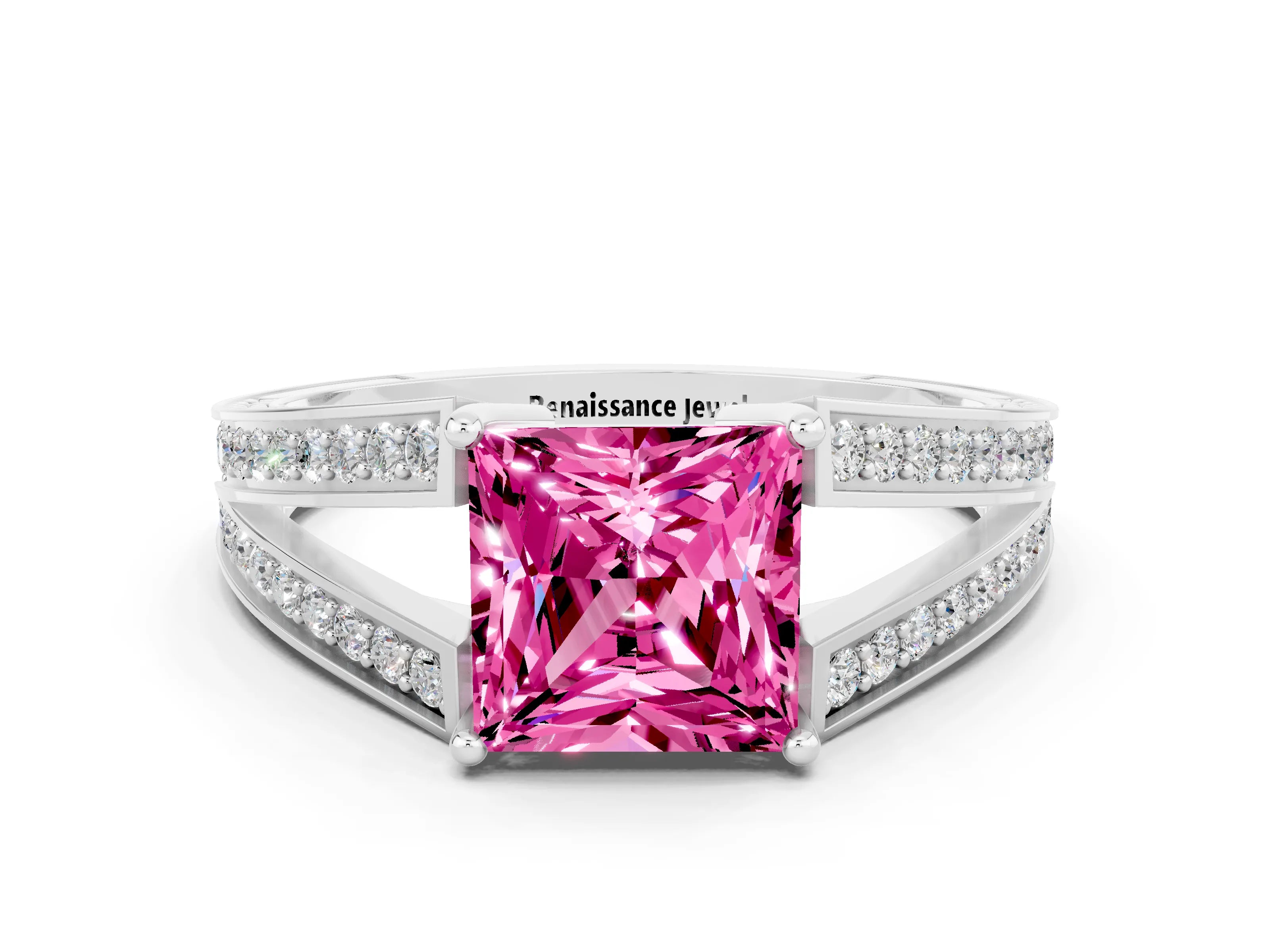 White gold Princess Cut Pink Sapphire Split Shank Ring with Pavé Band and Four-Prong Setting