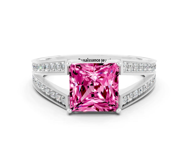 Silver Princess Cut Pink Sapphire Split Shank Ring with Pavé Band and Four-Prong Setting
