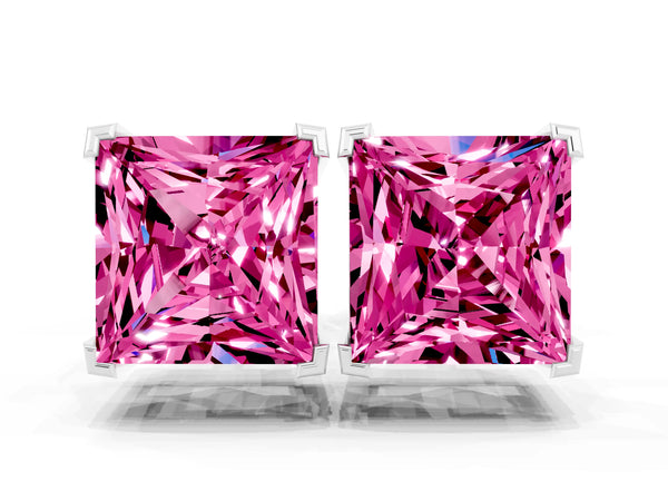White gold Princess Cut Pink Sapphire Stud Earrings