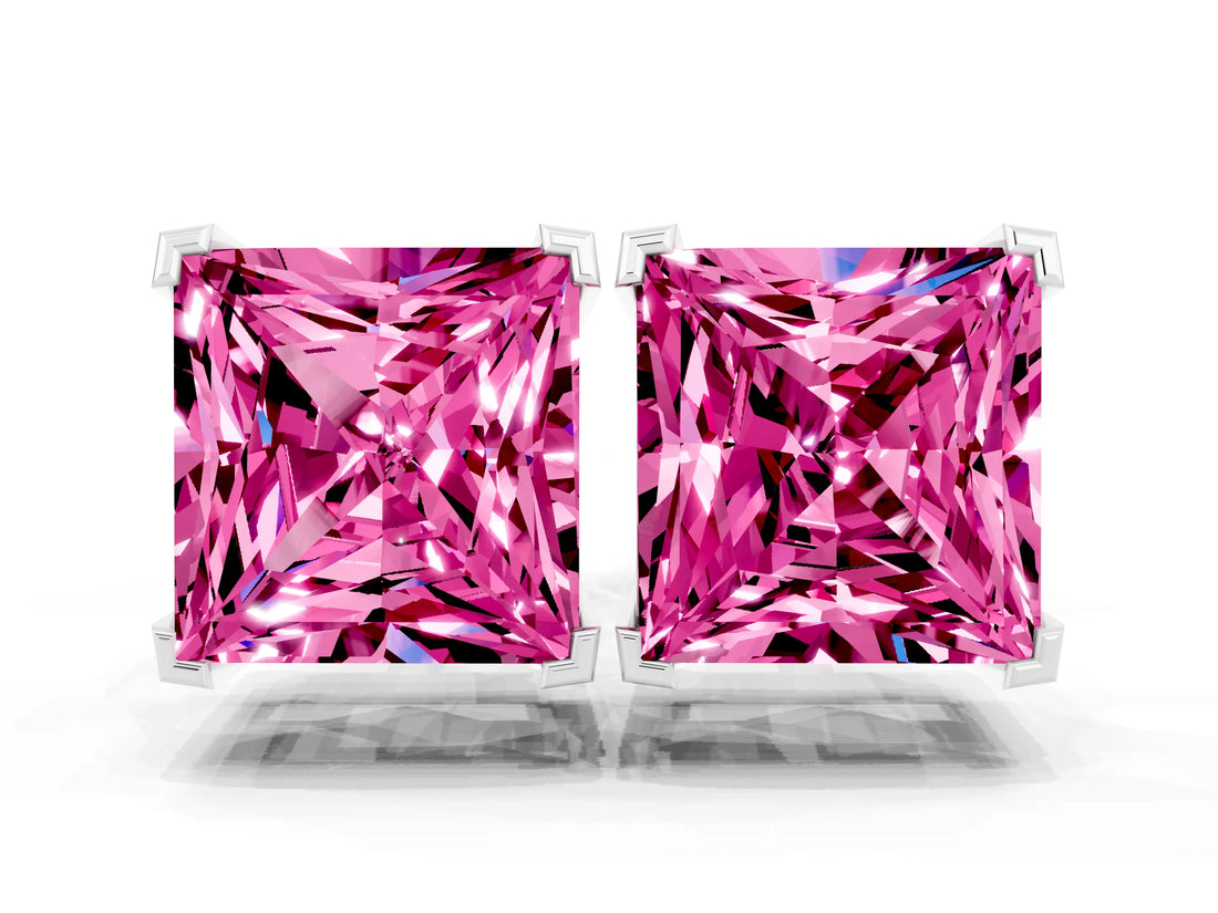 White gold Princess Cut Pink Sapphire Stud Earrings_24