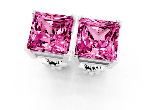 Platinum Princess Cut Pink Sapphire Stud Earrings