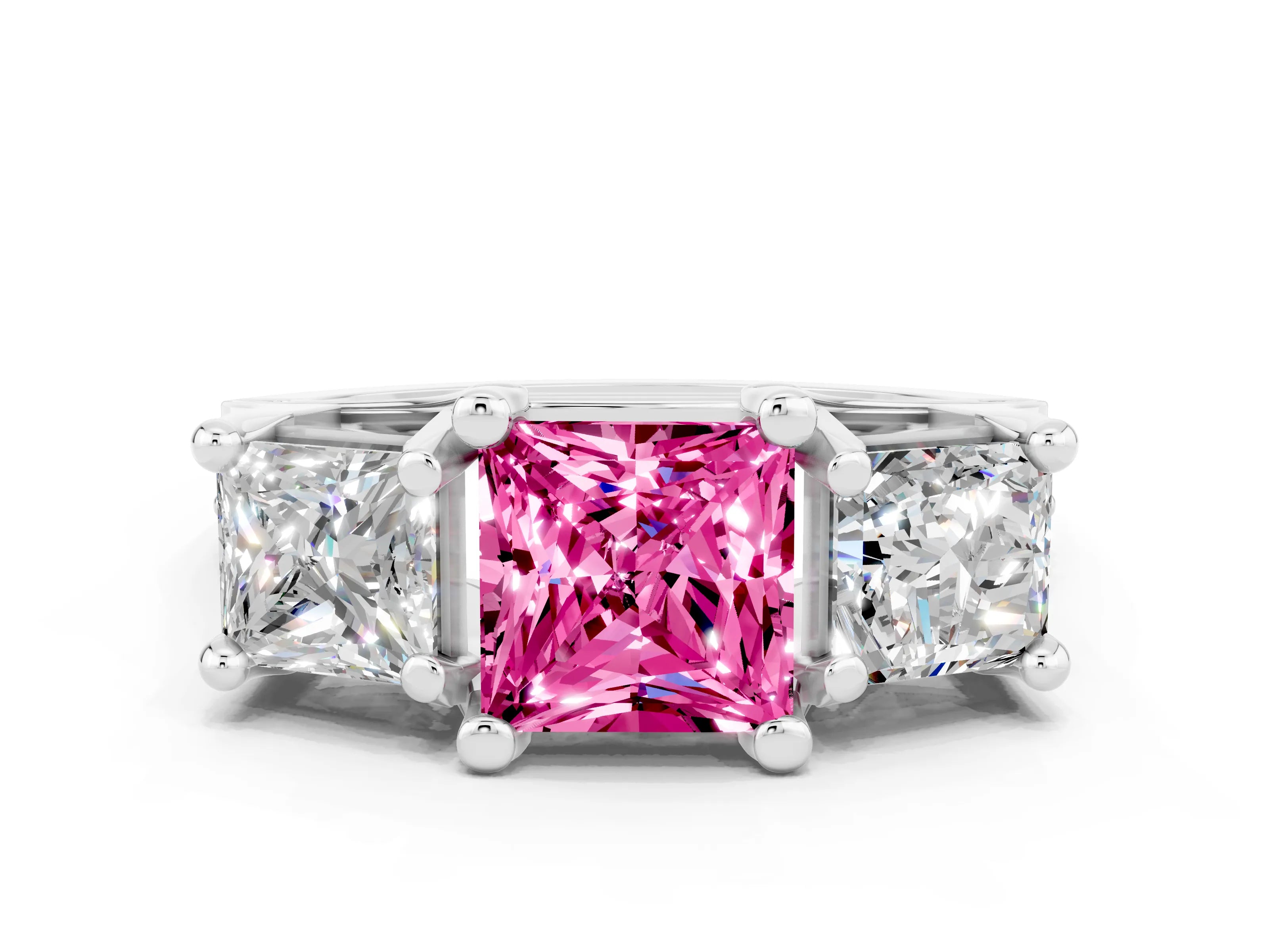 White gold Princess Cut Pink Sapphire Three-Stone Ring with Channel Set Band and Four-Prong Setting