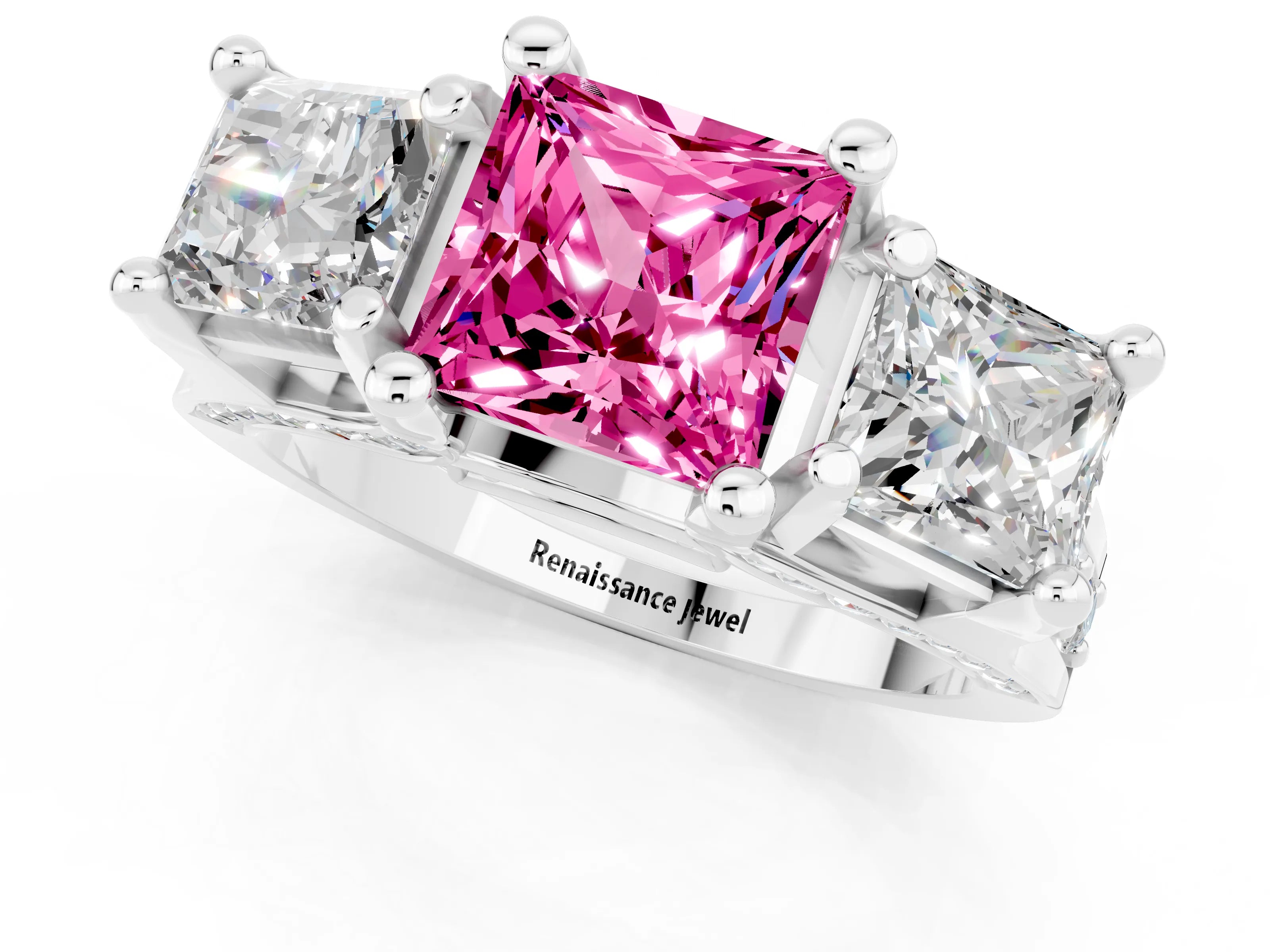 White gold Princess Cut Pink Sapphire Three-Stone Ring with Channel Set Band and Four-Prong Setting_1