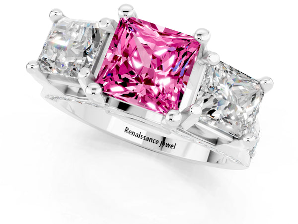 Silver Princess Cut Pink Sapphire Three-Stone Ring with Channel Set Band and Four-Prong Setting