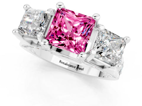 White gold Princess Cut Pink Sapphire Three-Stone Ring with Channel Set Band and Four-Prong Setting_1