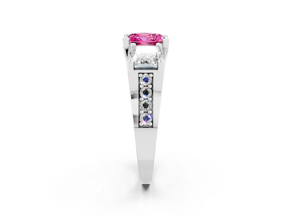 Platinum Princess Cut Pink Sapphire Three-Stone Ring with Channel Set Band and Four-Prong Setting