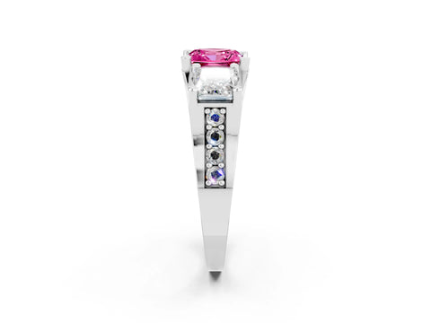 White gold Princess Cut Pink Sapphire Three-Stone Ring with Channel Set Band and Four-Prong Setting_2