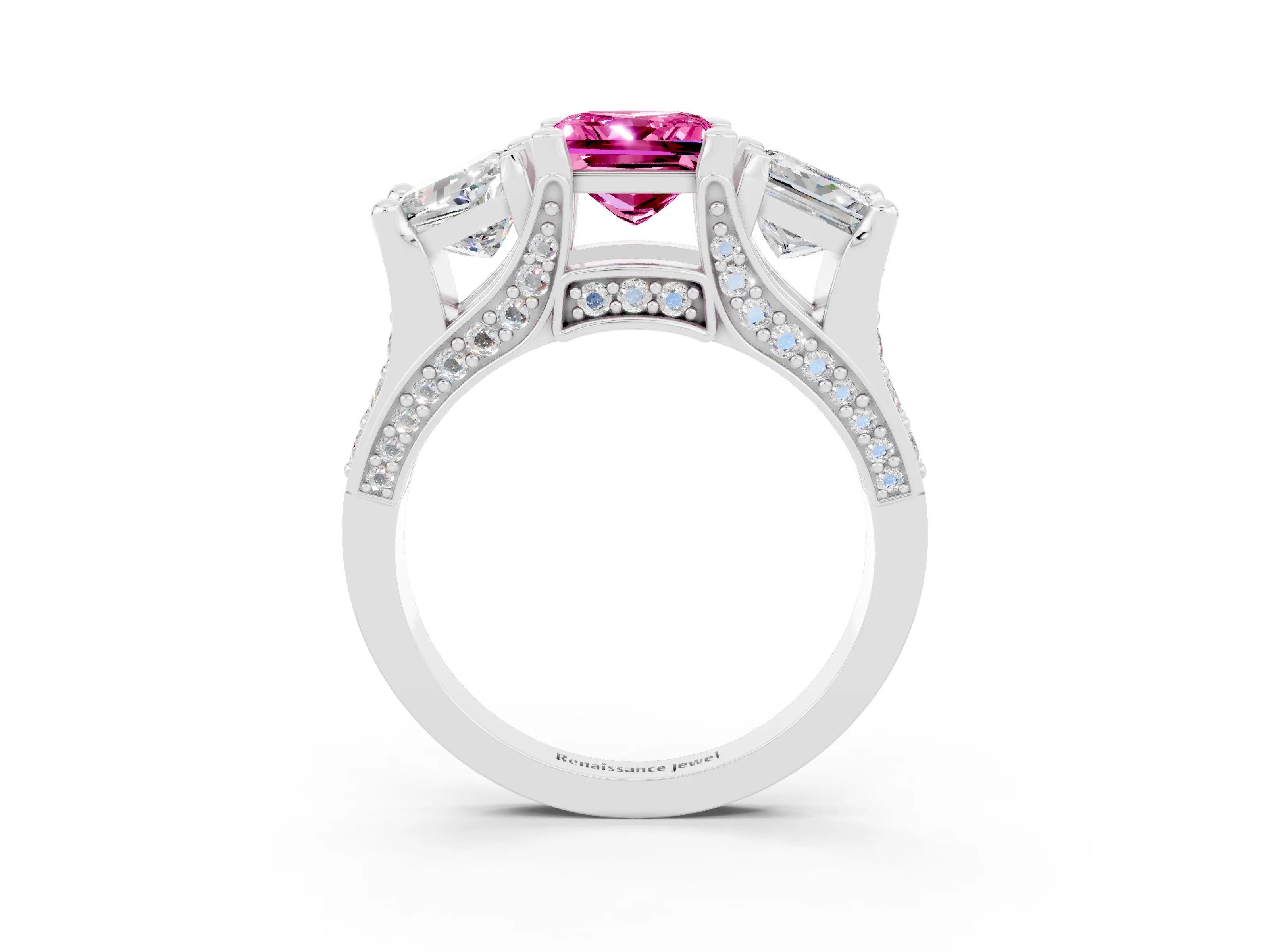 White gold Princess Cut Pink Sapphire Three-Stone Ring with Channel Set Band and Four-Prong Setting_3