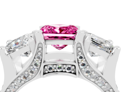 White gold Princess Cut Pink Sapphire Three-Stone Ring with Channel Set Band and Four-Prong Setting_4