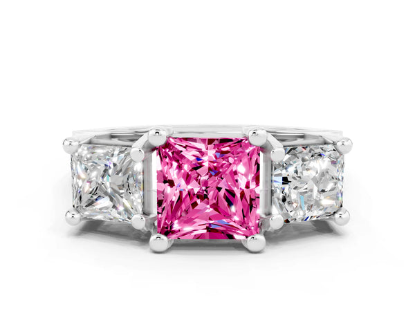 White gold Princess Cut Pink Sapphire Three-Stone Ring with Channel Set Band and Four-Prong Setting