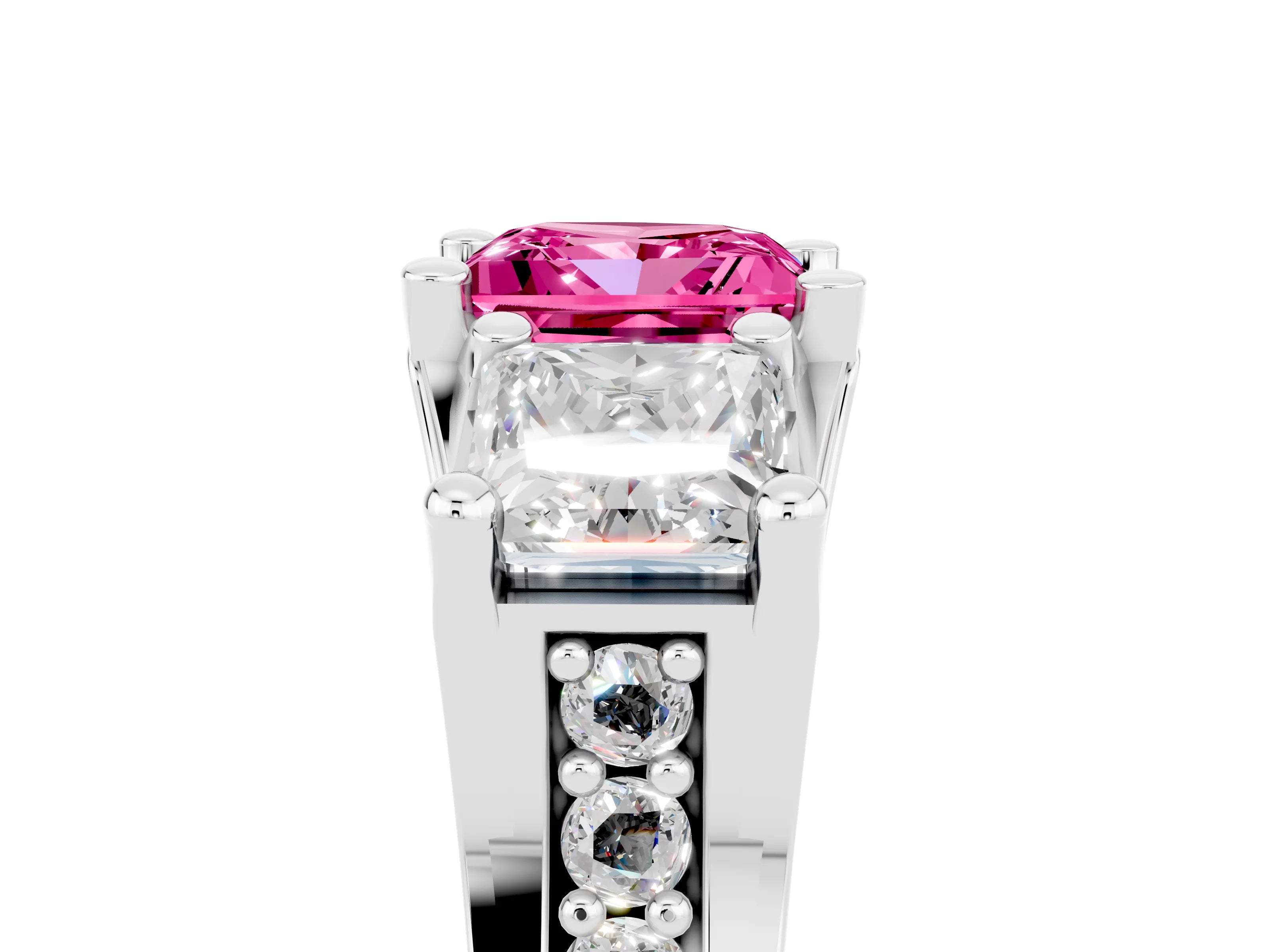 White gold Princess Cut Pink Sapphire Three-Stone Ring with Channel Set Band and Four-Prong Setting_5