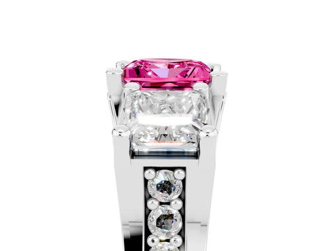 White gold Princess Cut Pink Sapphire Three-Stone Ring with Channel Set Band and Four-Prong Setting_5