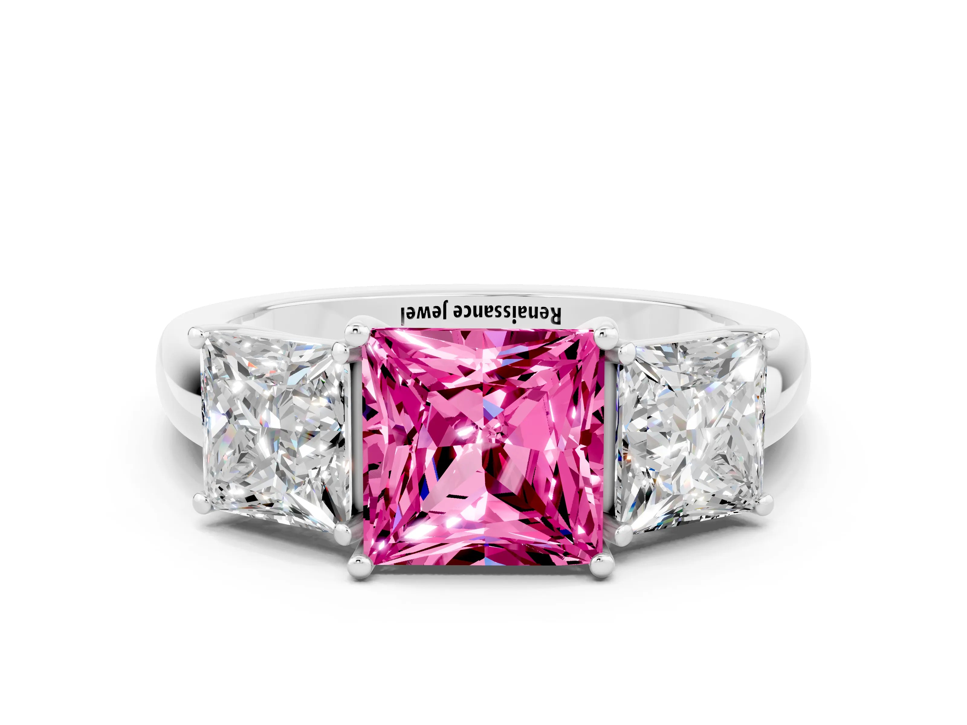 White gold Princess Cut Pink Sapphire Three-Stone Ring with Four-Prong Setting and Classic Band