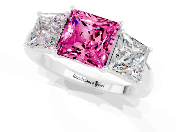 Platinum Princess Cut Pink Sapphire Three-Stone Ring with Four-Prong Setting and Classic Band