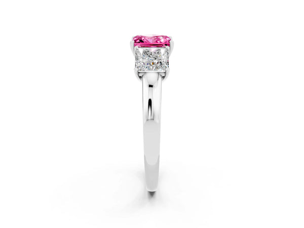 White gold Princess Cut Pink Sapphire Three-Stone Ring with Four-Prong Setting and Classic Band