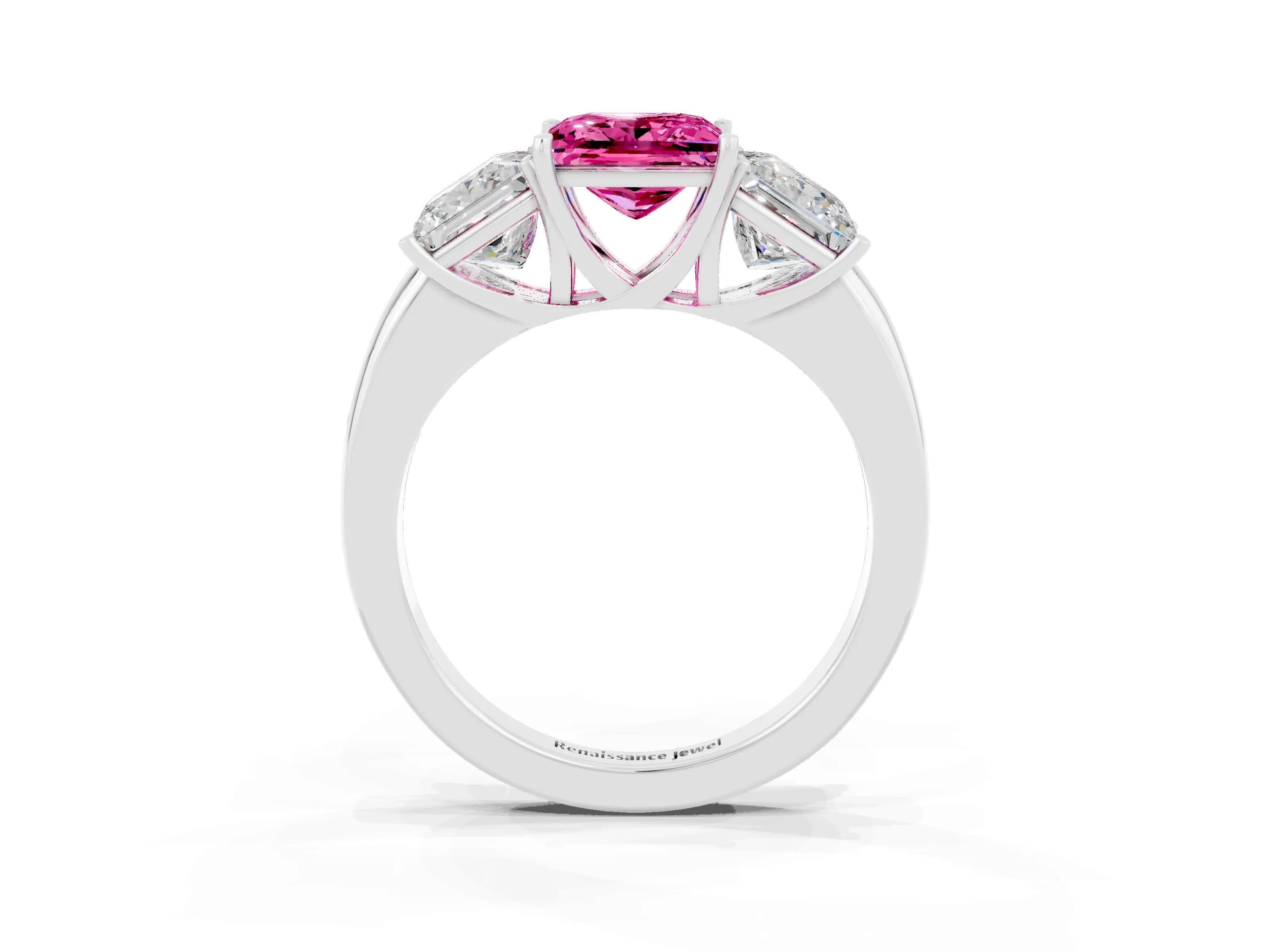 White gold Princess Cut Pink Sapphire Three-Stone Ring with Four-Prong Setting and Classic Band_3