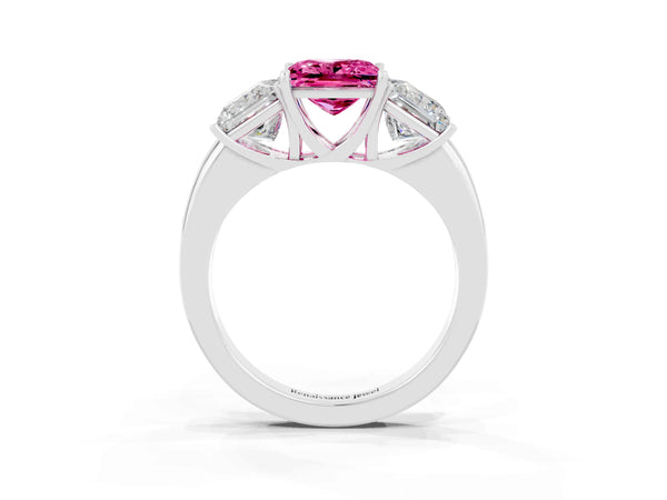 White gold Princess Cut Pink Sapphire Three-Stone Ring with Four-Prong Setting and Classic Band