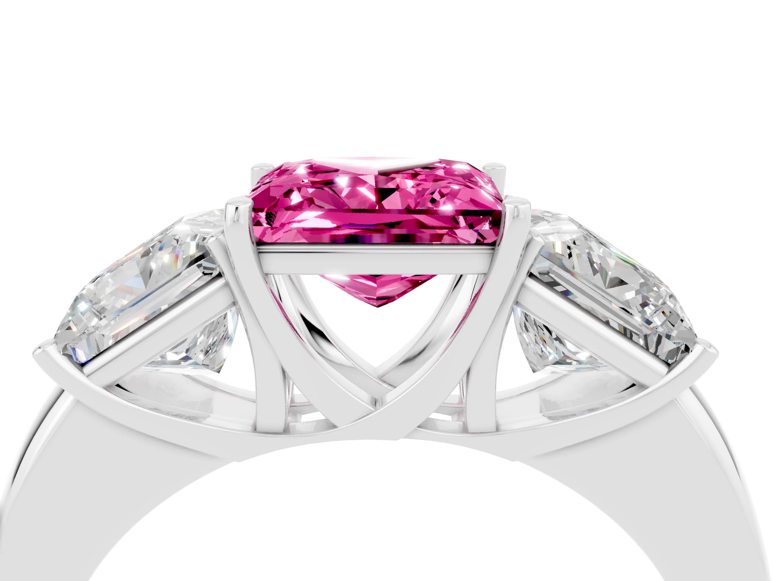 White gold Princess Cut Pink Sapphire Three-Stone Ring with Four-Prong Setting and Classic Band_4