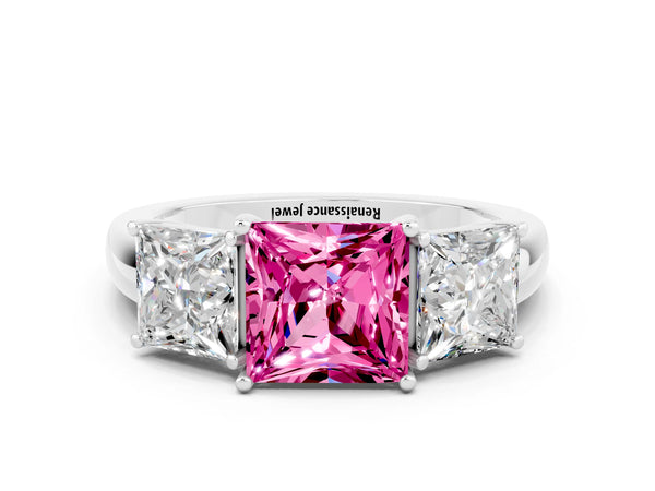 Silver Princess Cut Pink Sapphire Three-Stone Ring with Four-Prong Setting and Classic Band