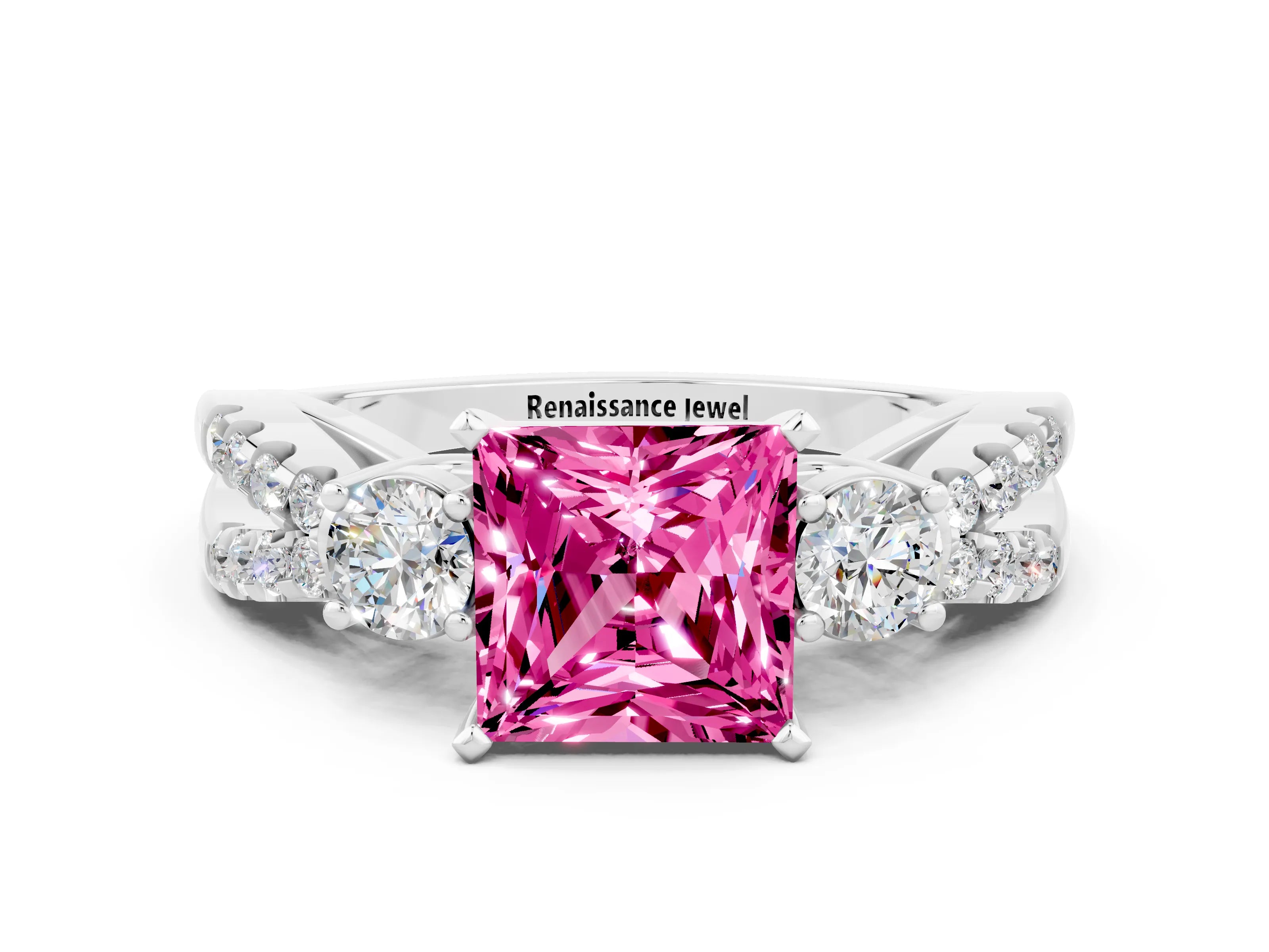 White gold Princess Cut Pink Sapphire Three-Stone Ring with Pavé Split Shank and Four-Prong Setting_24