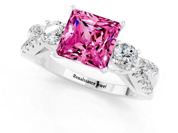 Platinum Princess Cut Pink Sapphire Three-Stone Ring with Pavé Split Shank and Four-Prong Setting