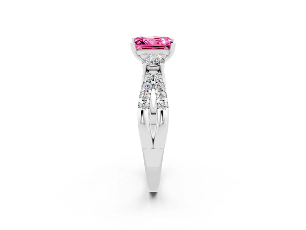 Platinum Princess Cut Pink Sapphire Three-Stone Ring with Pavé Split Shank and Four-Prong Setting