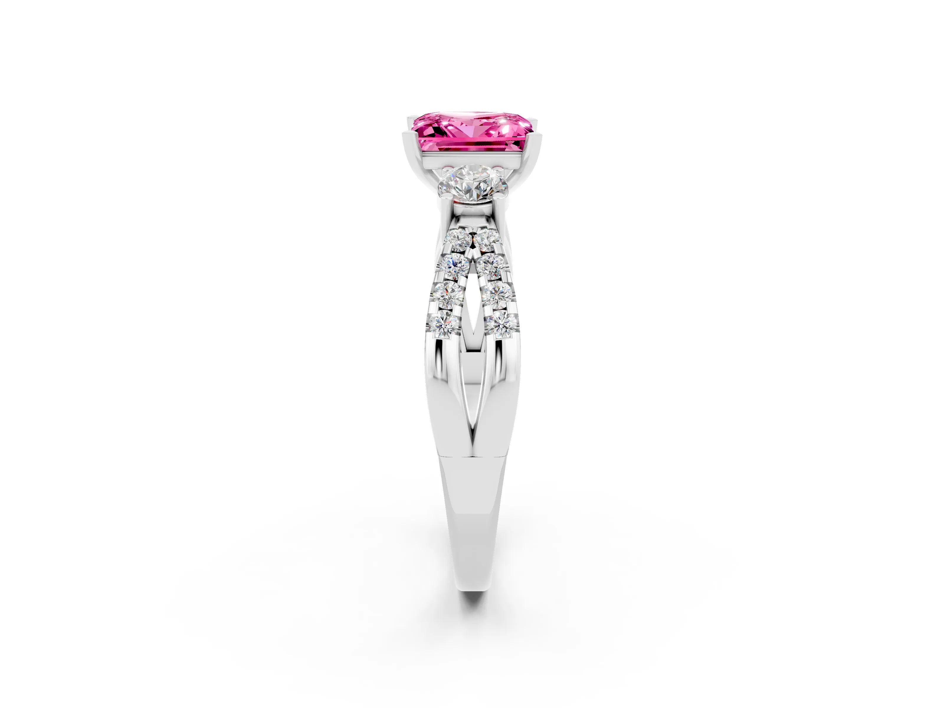 White gold Princess Cut Pink Sapphire Three-Stone Ring with Pavé Split Shank and Four-Prong Setting_26