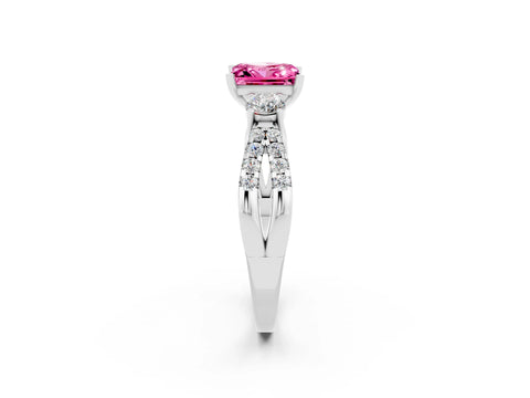 White gold Princess Cut Pink Sapphire Three-Stone Ring with Pavé Split Shank and Four-Prong Setting_26
