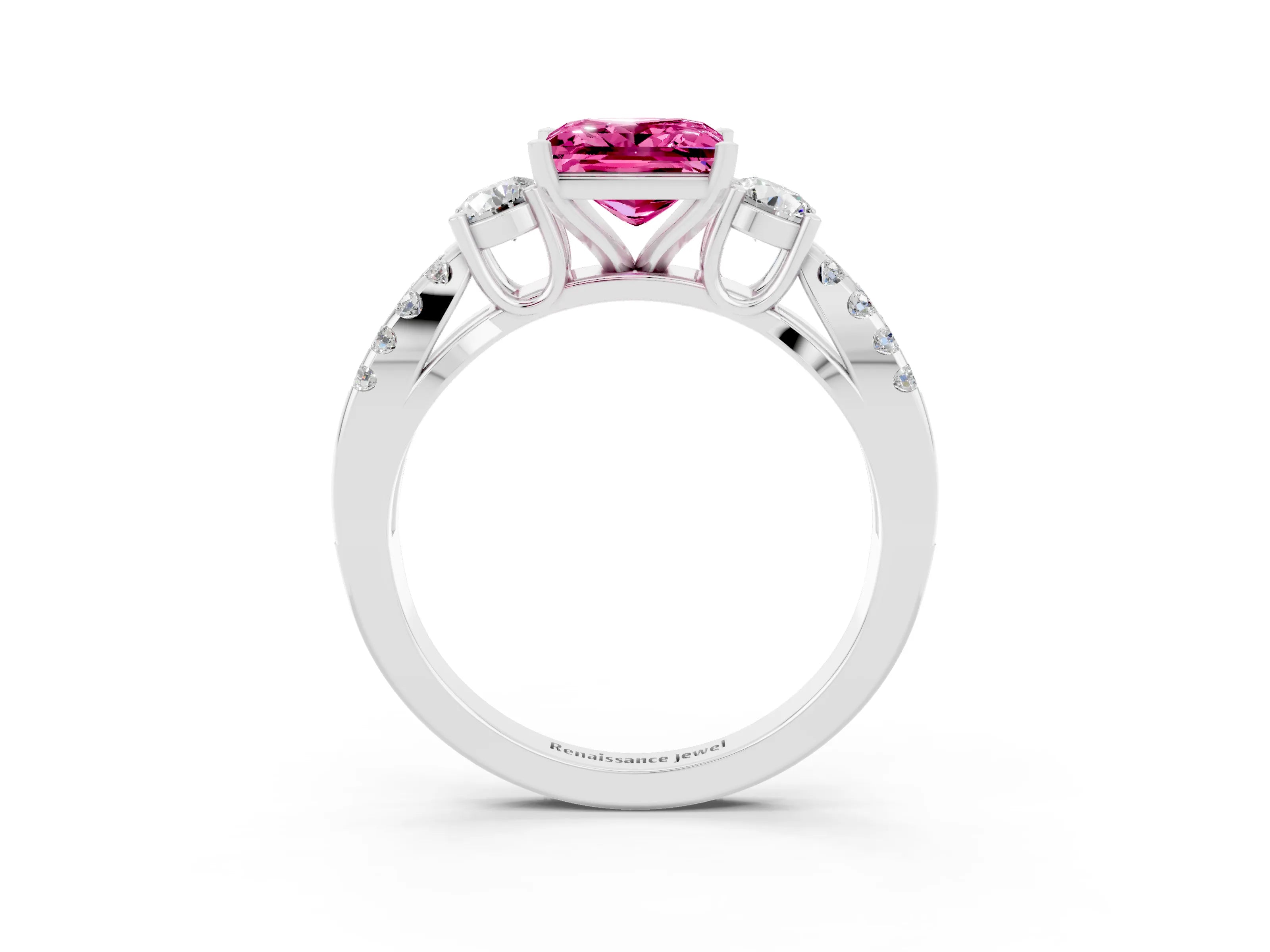 White gold Princess Cut Pink Sapphire Three-Stone Ring with Pavé Split Shank and Four-Prong Setting_27