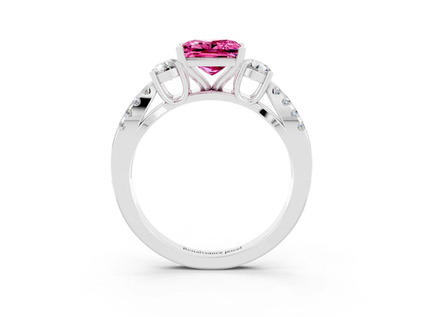 Silver Princess Cut Pink Sapphire Three-Stone Ring with Pavé Split Shank and Four-Prong Setting