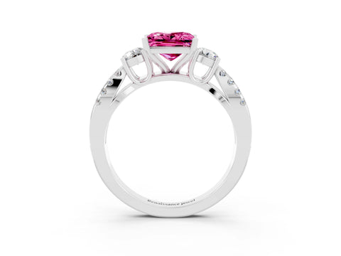White gold Princess Cut Pink Sapphire Three-Stone Ring with Pavé Split Shank and Four-Prong Setting_27
