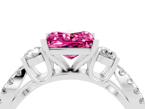 White gold Princess Cut Pink Sapphire Three-Stone Ring with Pavé Split Shank and Four-Prong Setting_28