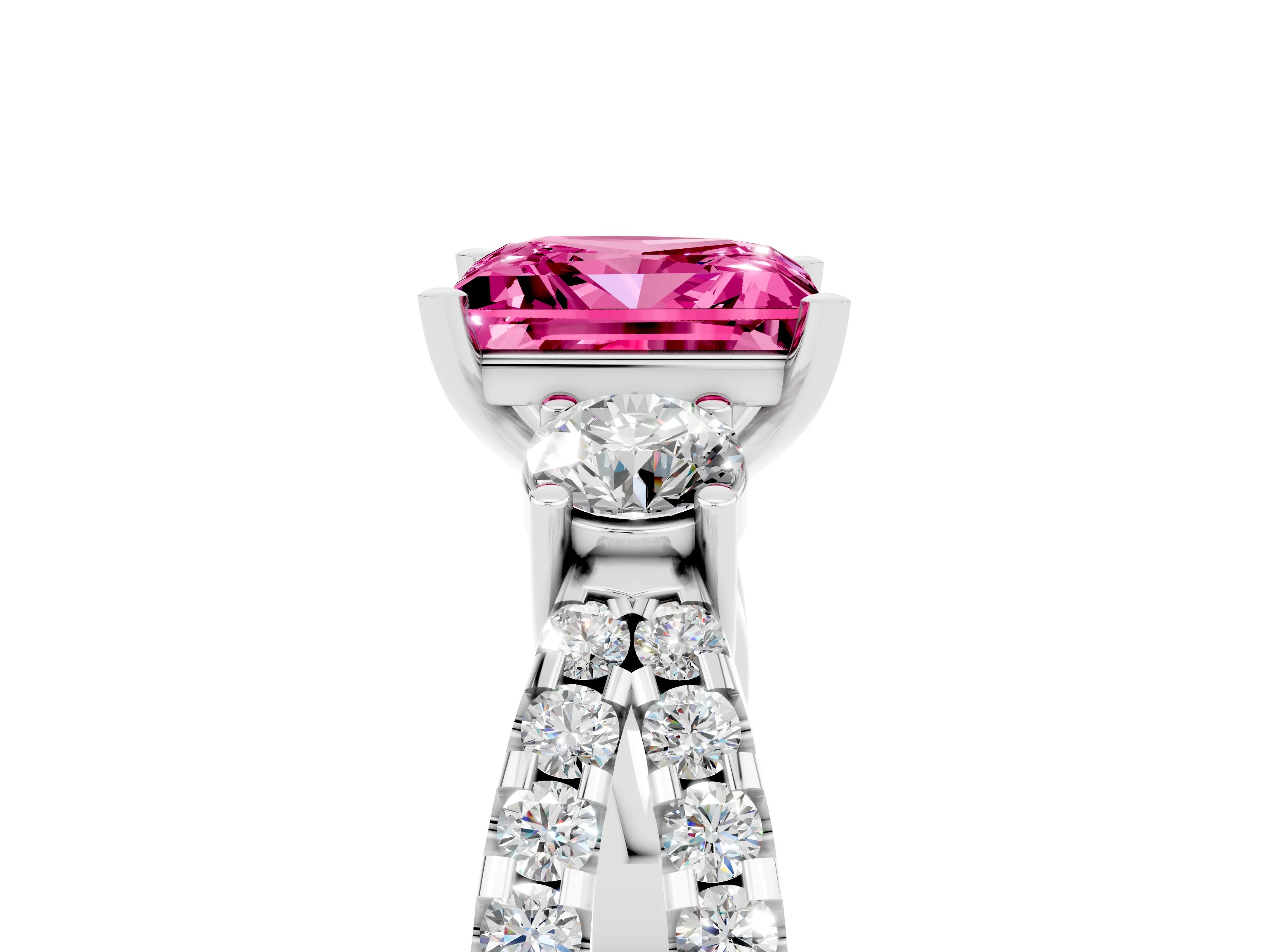 White gold Princess Cut Pink Sapphire Three-Stone Ring with Pavé Split Shank and Four-Prong Setting_29